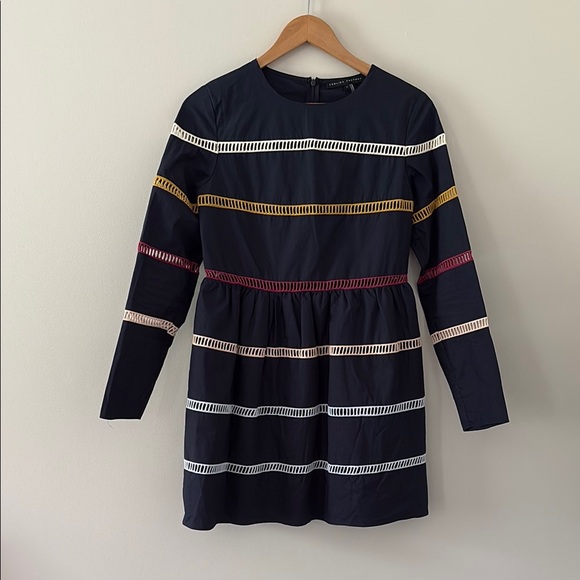 English Factory A Line Dress Cotton Mini Stripe Lattice Cutout Detail Navy Sz S - Picture 2 of 14
